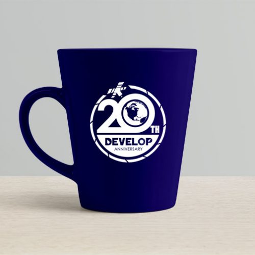 NASA DEVELOP Anniversary logo design on a coffee mug